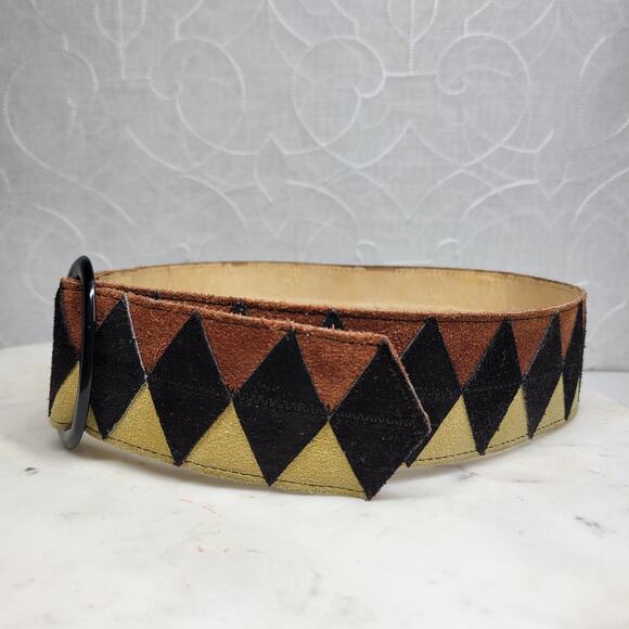 Vtg Saint Laurent Rive Gauche Suede Belt France Bakelite Buckle Geometric 31” - Picture 3 of 14